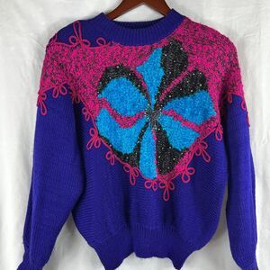 Vintage 80s Sweater w/ Shoulder Pads & Beaded Flower Design Beverly Goldberg L